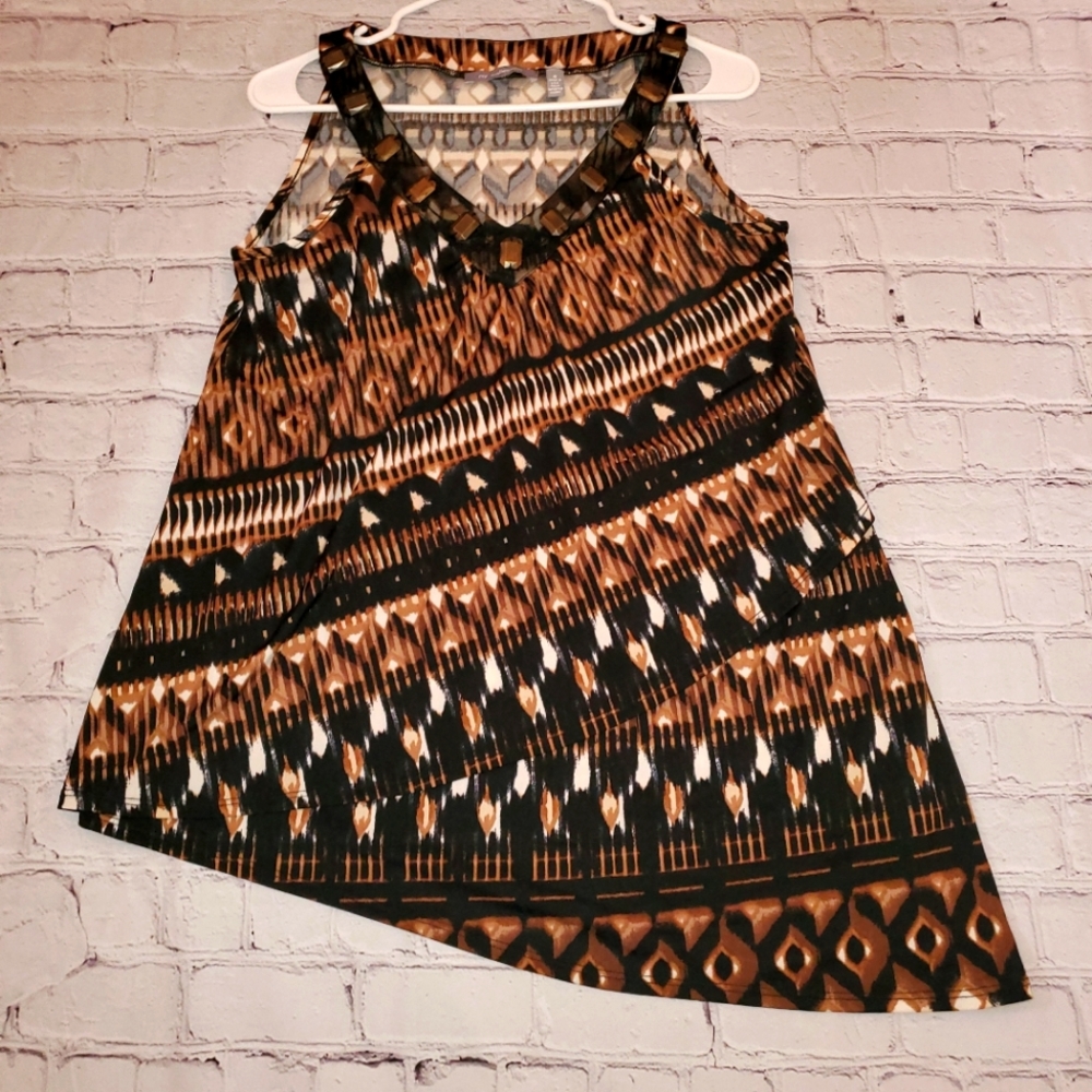 Ny Collection V Neck Black Brown Womens Tank Top Size S Made In U.S.A